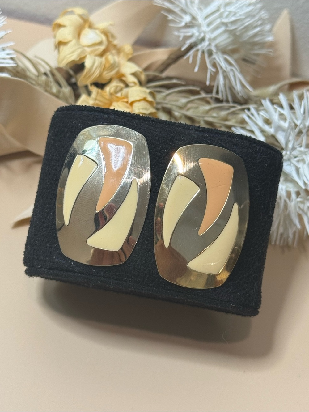 Vintage Gold Tone Peach & Cream Enamel Geometric Statement Earrings